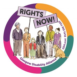 Rights Now! logo. Illustration of a group of members holding up a sign which says 'rights now' and in the gda logo circle, made up of purple, gold, green and pink colours