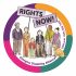 Rights Now! logo. Illustration of a group of members holding up a sign which says 'rights now' and in the gda logo circle, made up of purple, gold, green and pink colours