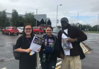 Hannah with two members outside the Riverside Museum