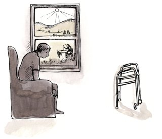 illustration of a person in an armchair slumped sadly. behind them the sun is shining through the window and people walk and sit outside. the person's walking frame is just out of their reach.