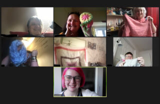 photo showing 7 photos of people holding knitted items up to the camera and people are smiling
