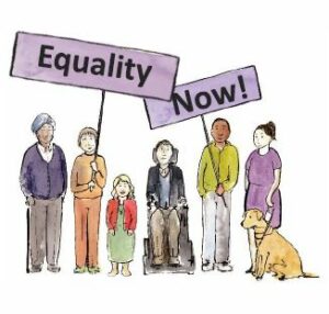 An illustration of 6 different disabled people, holding purple banners which reads 'Equality Now!'