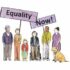 An illustration of 6 different disabled people, holding purple banners which reads 'Equality Now!'