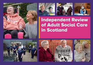 Collage of photos of people who use social care - a woman and her disabled daughter look off to the left, two people on a bus, a nurse, a group of nurses all socially distanced and older people feature on the cover.