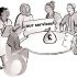 Group of members sit around a table with the sign 'our services' in their hands and a bag of money on the table in the middle.