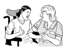 illustration of a disabled person and a health worker holding their hand.