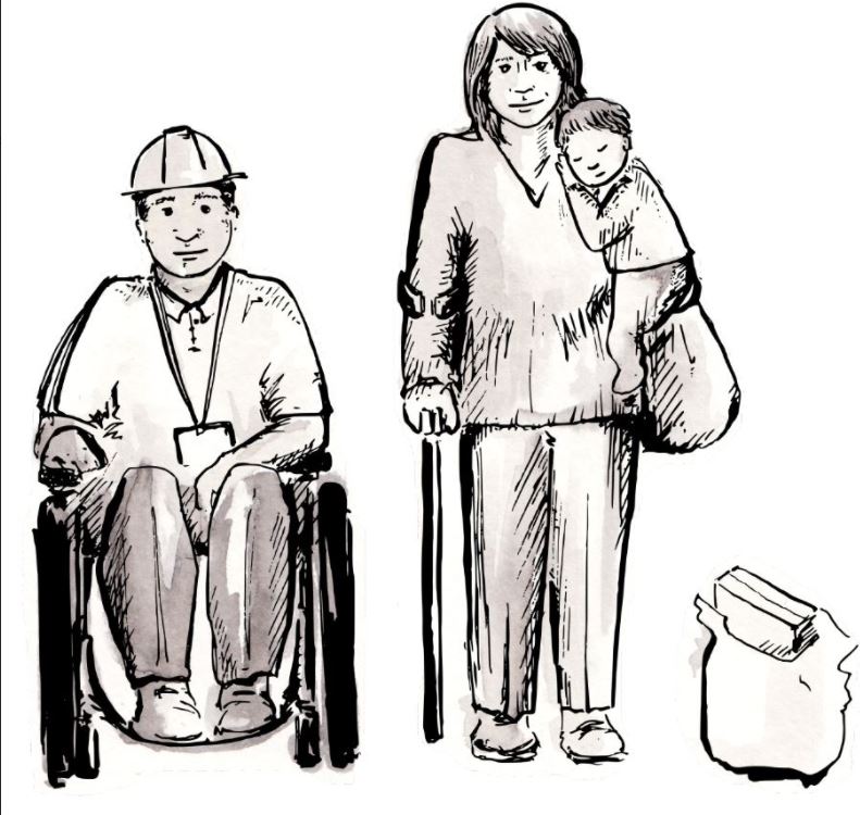 Wheelchair user beside a woman who has a baby in her arms and a stick in the other. A bag of shopping is beside her