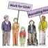 illustration of six diverse disabled people, holding purple placards which read ' work for GDA! Recruiting now!'