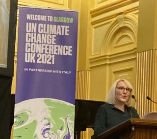 Tressa Burke, CEO of Glasgow Disability Alliance speaks at the reception in Glasgow City Chambers