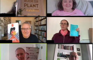 Six people on Zoom all have their heads and shoulders visible on their respective screens, four of these people are holding up the books they have been reading and smiling.