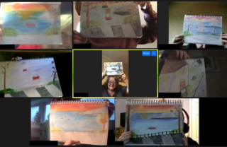 8 GDA members on Zoom on individual screens all hold up the artwork they made during the workshop - a water scene with an orange sky