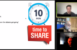 A graphic is displayed reading '10 min, time to share' and creative writing prompts about how to write some poetry. There are 6 people on Zoom next to the image all with concentration on their faces, looking down at their writing and some stroking their chin or touching their head.