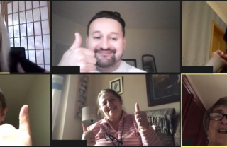 GDA members and staff on Zoom are sat in their respective homes all smiling and giving thumbs up to the screen