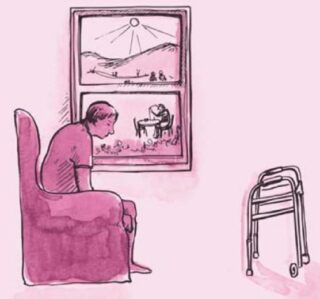 A person sits slumped in a chair, expressionless, looking downward. In front of them is a walking frame. Outside the window, the sun is shining, and people are visible on the hills. A person is seated at a table outside.