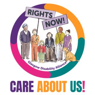 Circle with GDA colours in pink, green, orange and purple. There are six illustrated figures, one in a wheelchair, one with an assistance dog, one with a walking aid, others standing, of various ages, genders and ethnicities. Two are holding signs which together read 'rights now'.