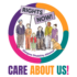Circle with GDA colours in pink, green, orange and purple. There are six illustrated figures, one in a wheelchair, one with an assistance dog, one with a walking aid, others standing, of various ages, genders and ethnicities. Two are holding signs which together read 'rights now'.
