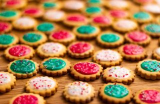 a close up image of small circular biscuits with a zig zag edge, decorated with white, red or green icing and sprinkles.