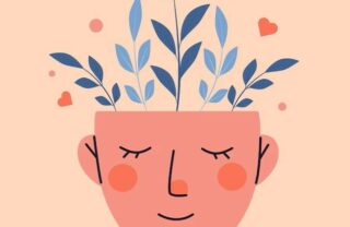 An illustration in colours of peach, coral and muted blue. A person with a calm face and rosy cheeks has her eyes shut and out of the top of her head grows flowers and leafy branches, in a calm and serene scene.